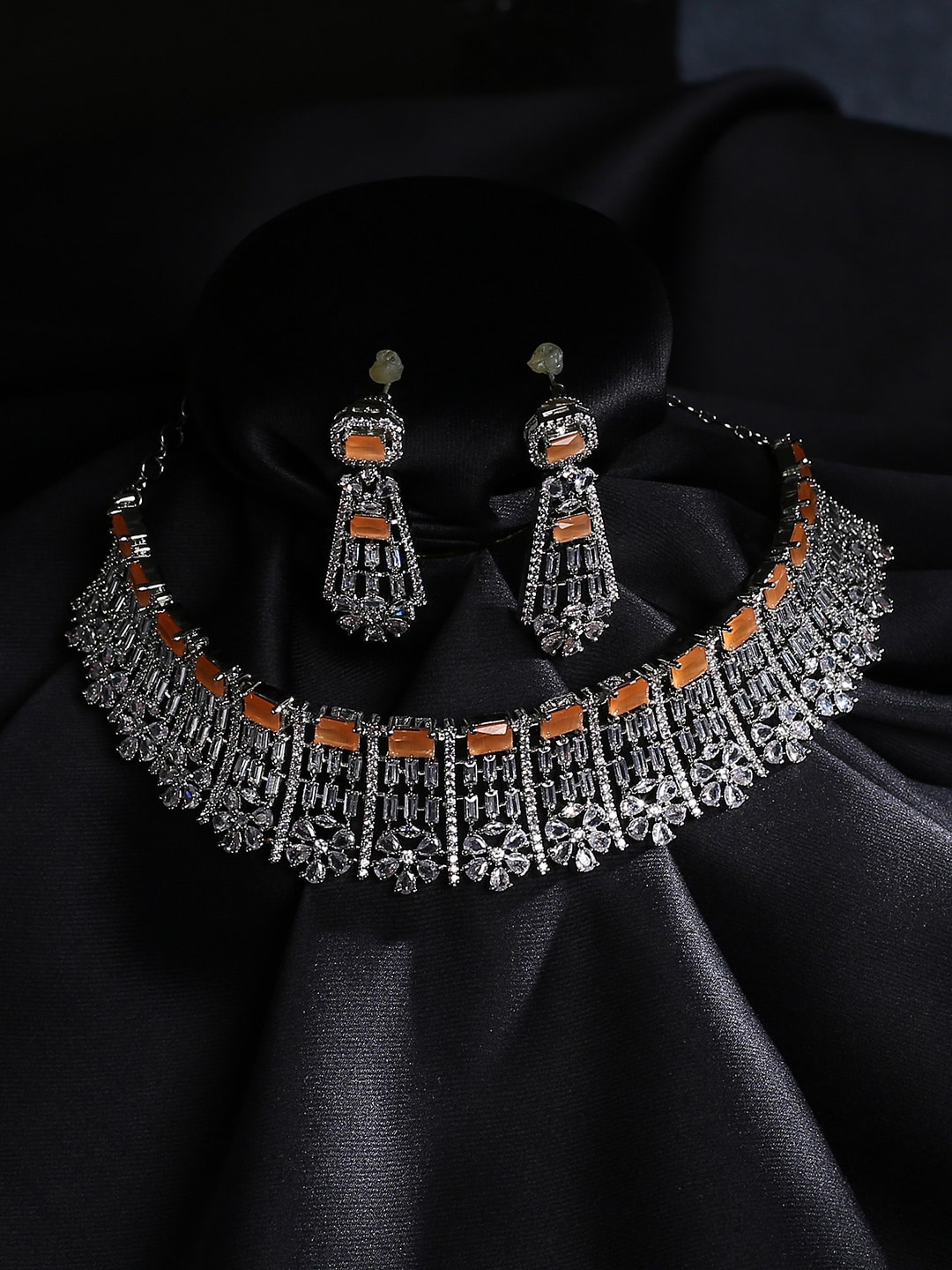 

justpeachy Orange Silver-Plated American Diamond Studded Jewellery Set