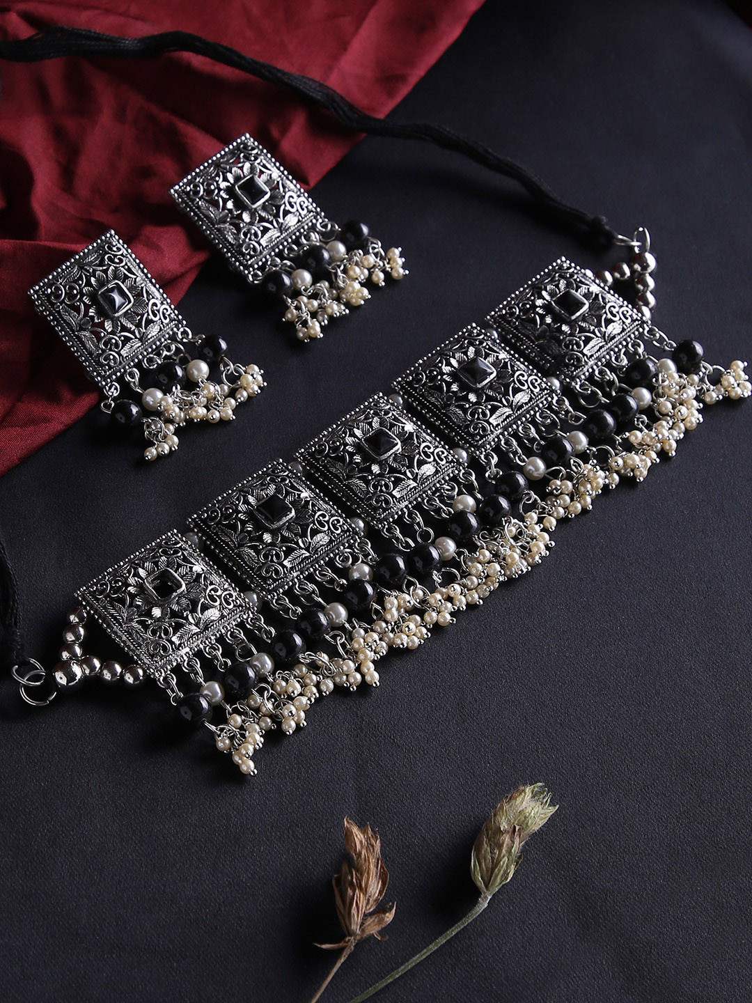 

justpeachy Oxidised Silver-Plated & Black Stones-Studded & Beads Jewellery Set