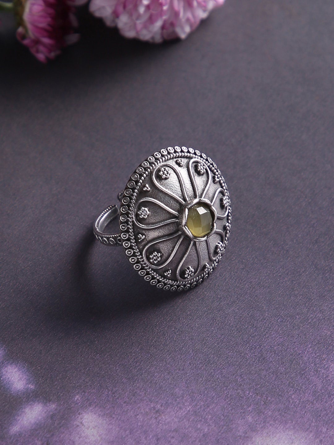 

justpeachy Oxidized Silver-Plated Green Stone-Studded Adjustable Finger Ring