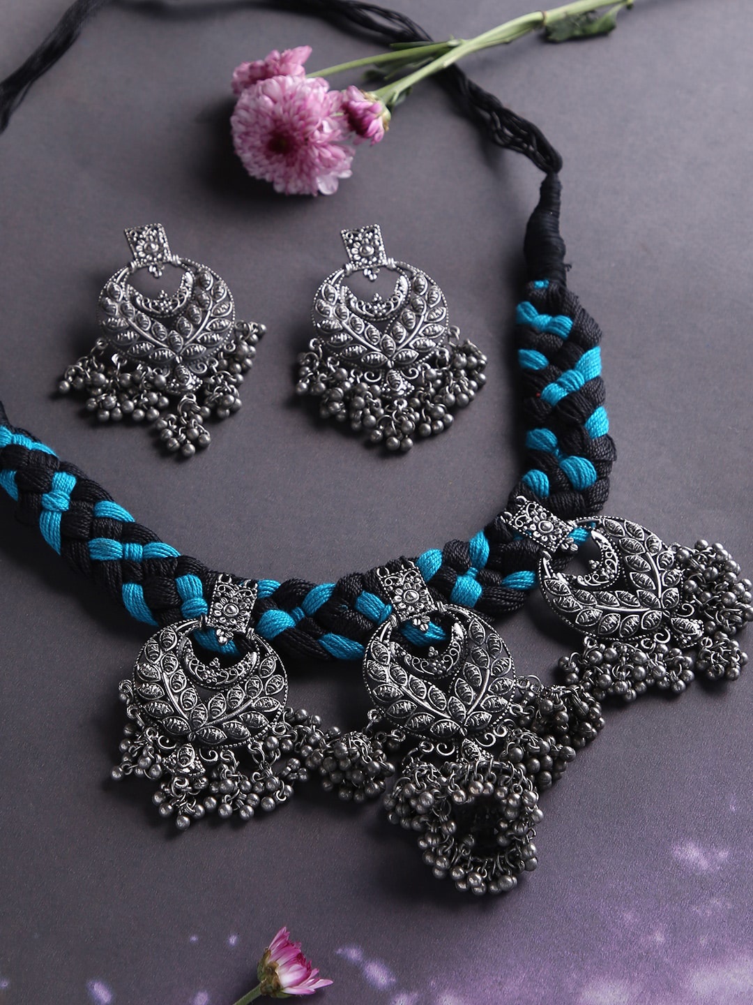 

justpeachy Silver-Plated & Blue Oxidized Jewellery Set