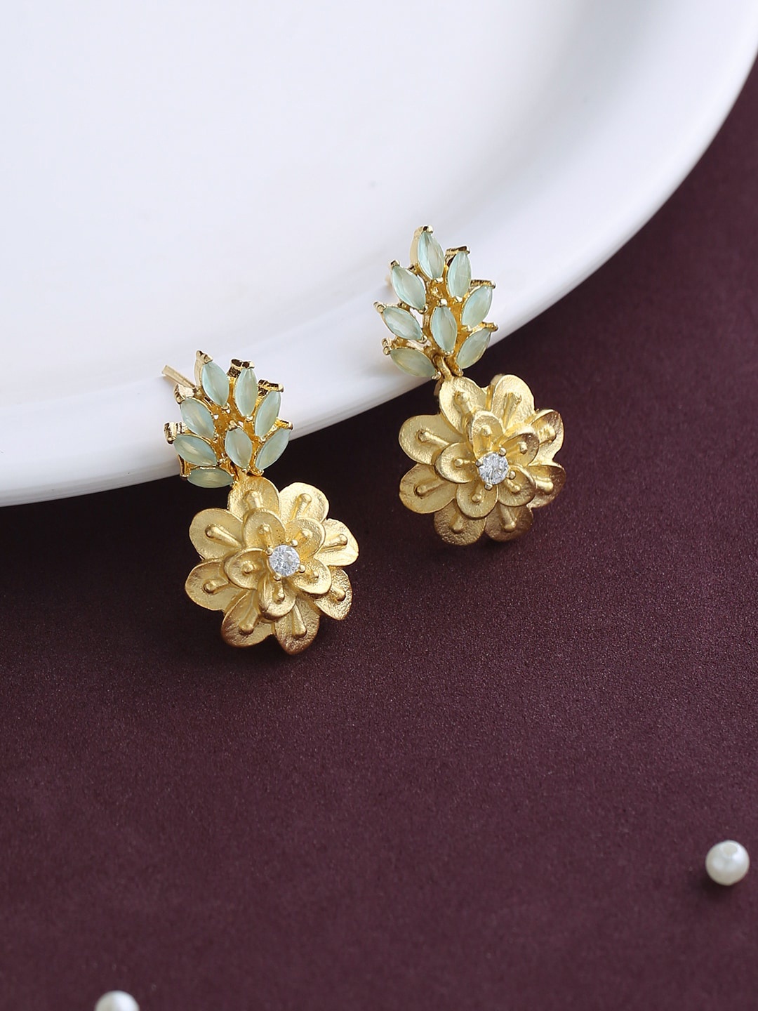

justpeachy Gold-Plated Floral American Diamond Studded Drop Earrings