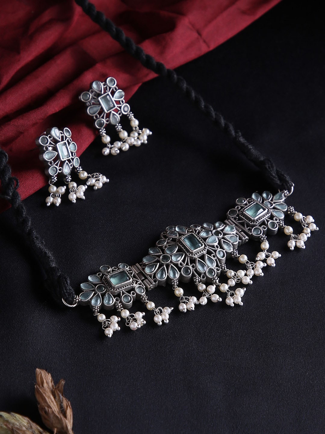 

justpeachy Women Oxidised Silver & Green Stones-Studded & Beads Jewellery Set