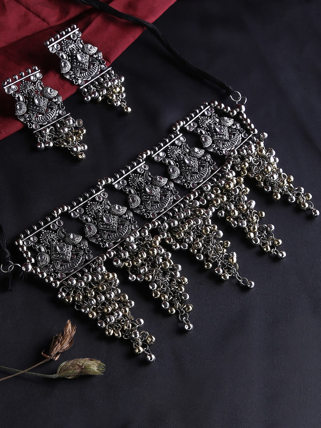 

justpeachy Oxidised Silver-Plated White Stone-Studded & Ghungaroo Beaded Jewellery Set