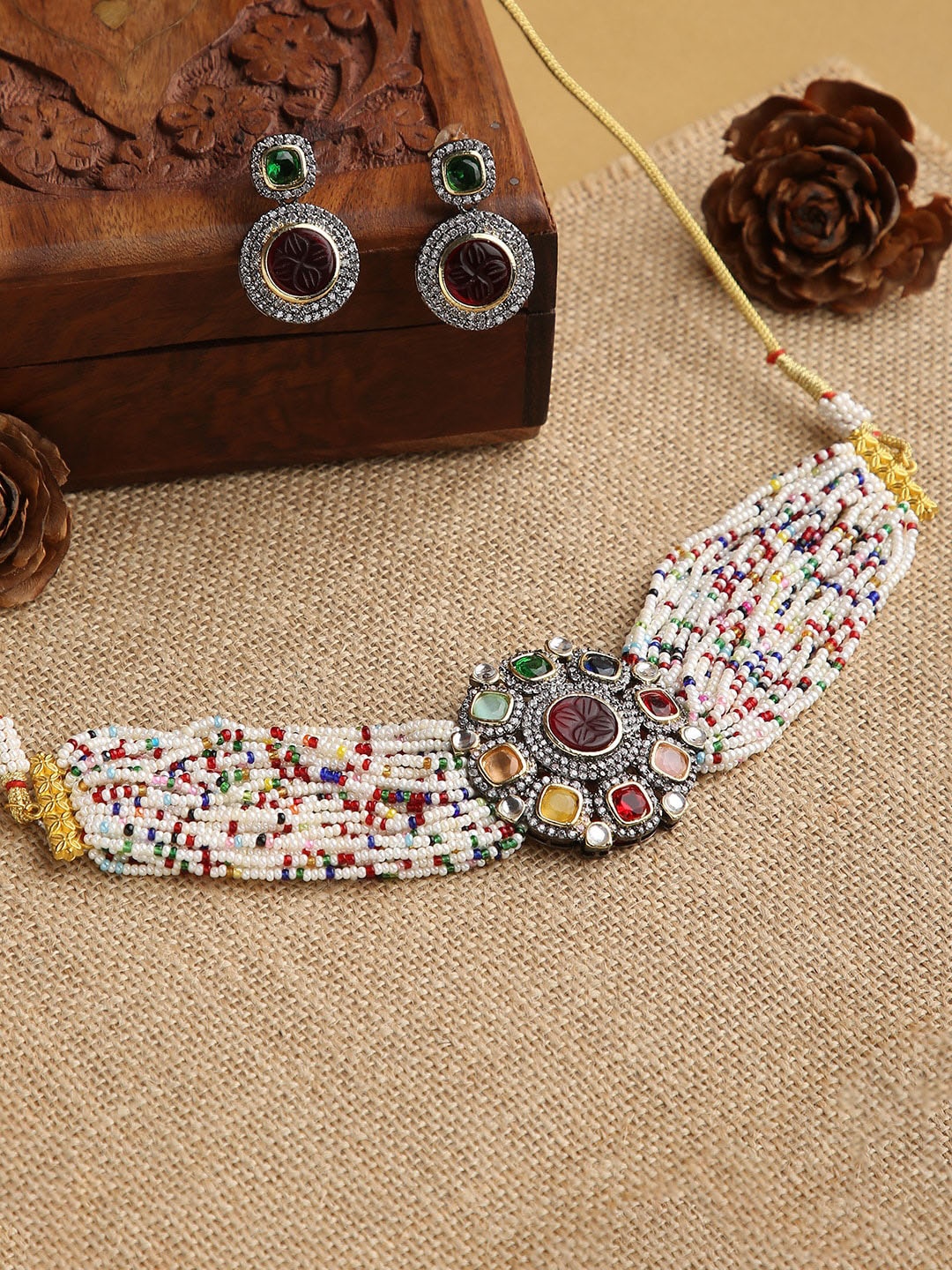 

justpeachy Multi-Coloured Artificial Stones Studded Beaded Choker Jewellery Set