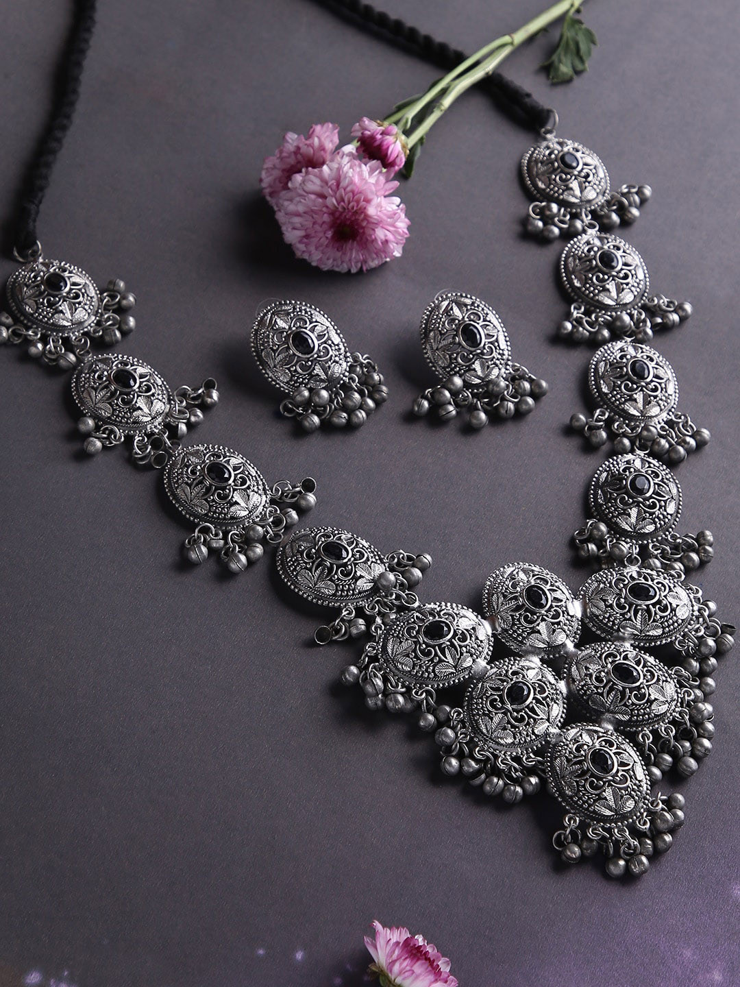 

justpeachy Silver-Plated & Black Oxidised Jewellery Set