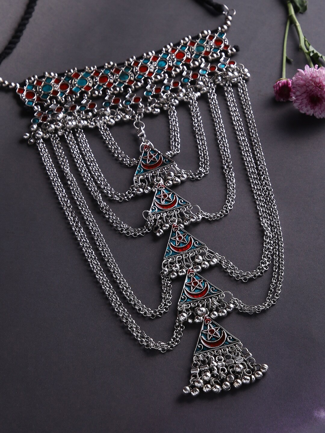

justpeachy Silver-Plated & Blue Oxidised Necklace