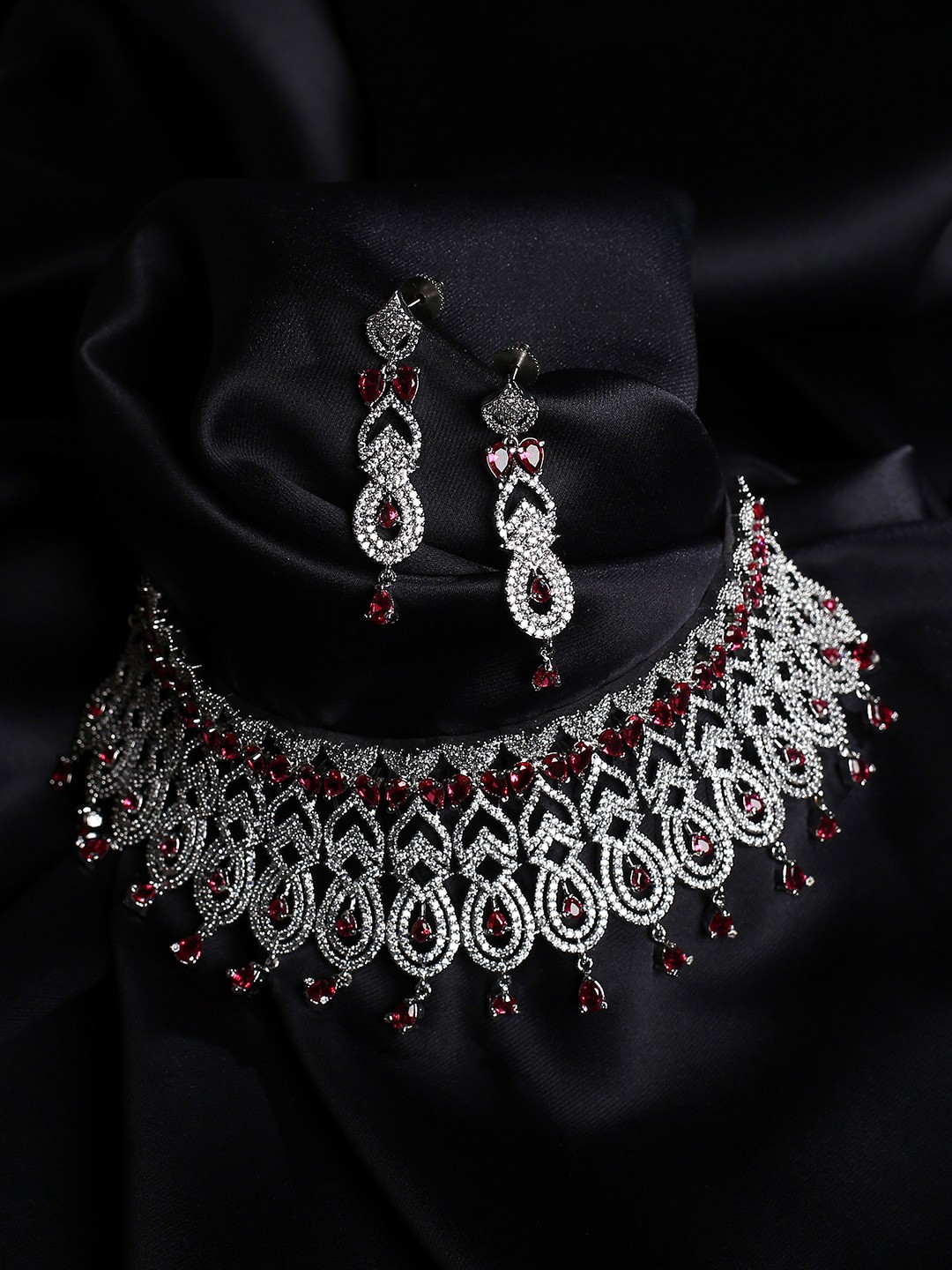

justpeachy Silver-Plated & Pink American Diamond Studded Jewellery Set