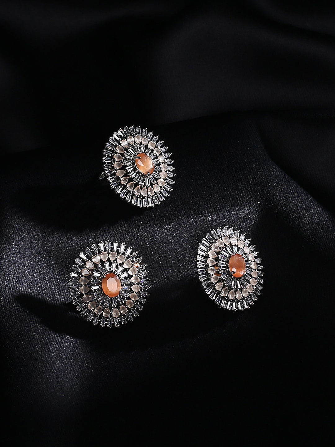 

justpeachy Women Silver-Plated & Peach-Coloured AD-Studded Jewellery Set
