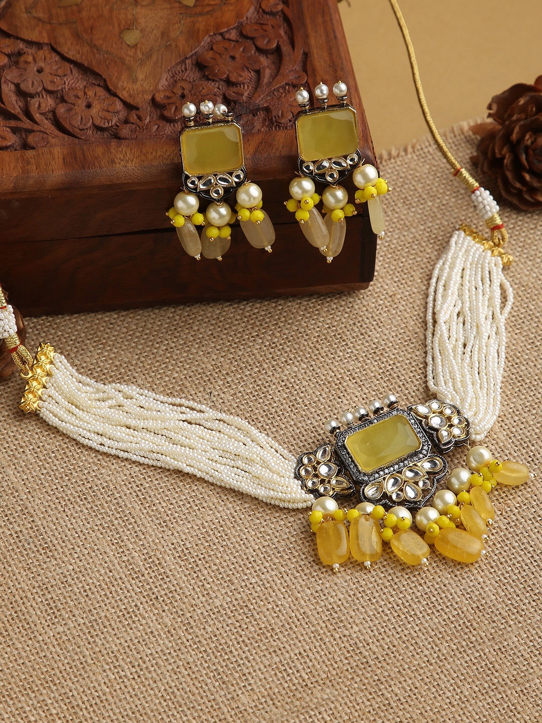 

justpeachy Mustard Yellow & White Stone-Studded & Beaded Jewellery Set