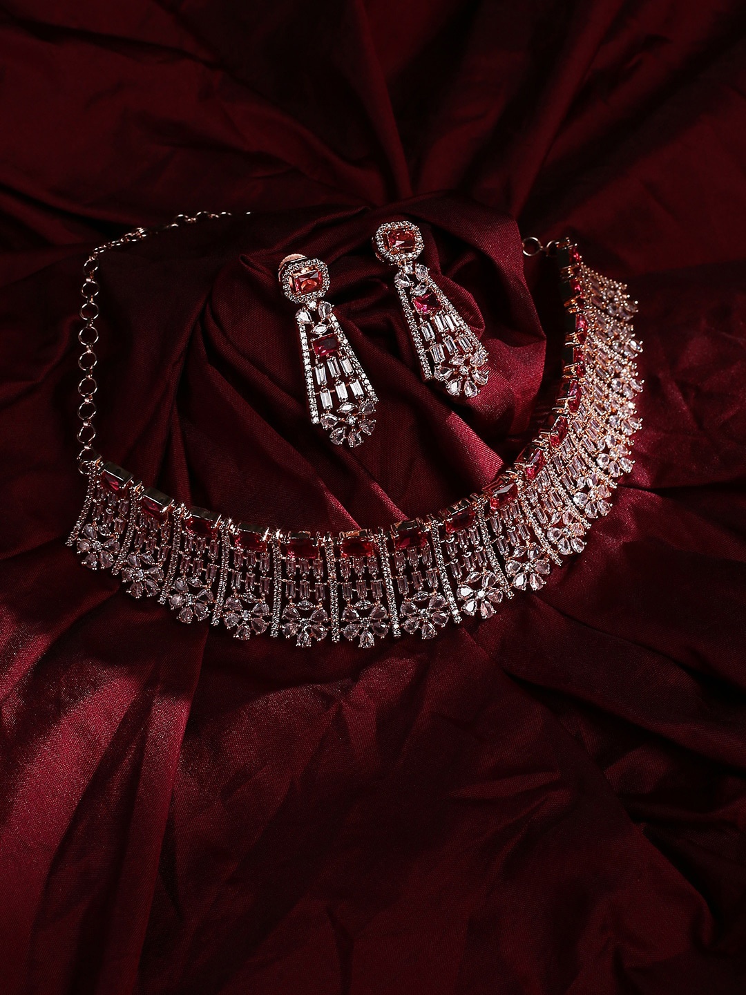 

justpeachy Women Gold-Plated & Red AD-Studded Jewellery Set
