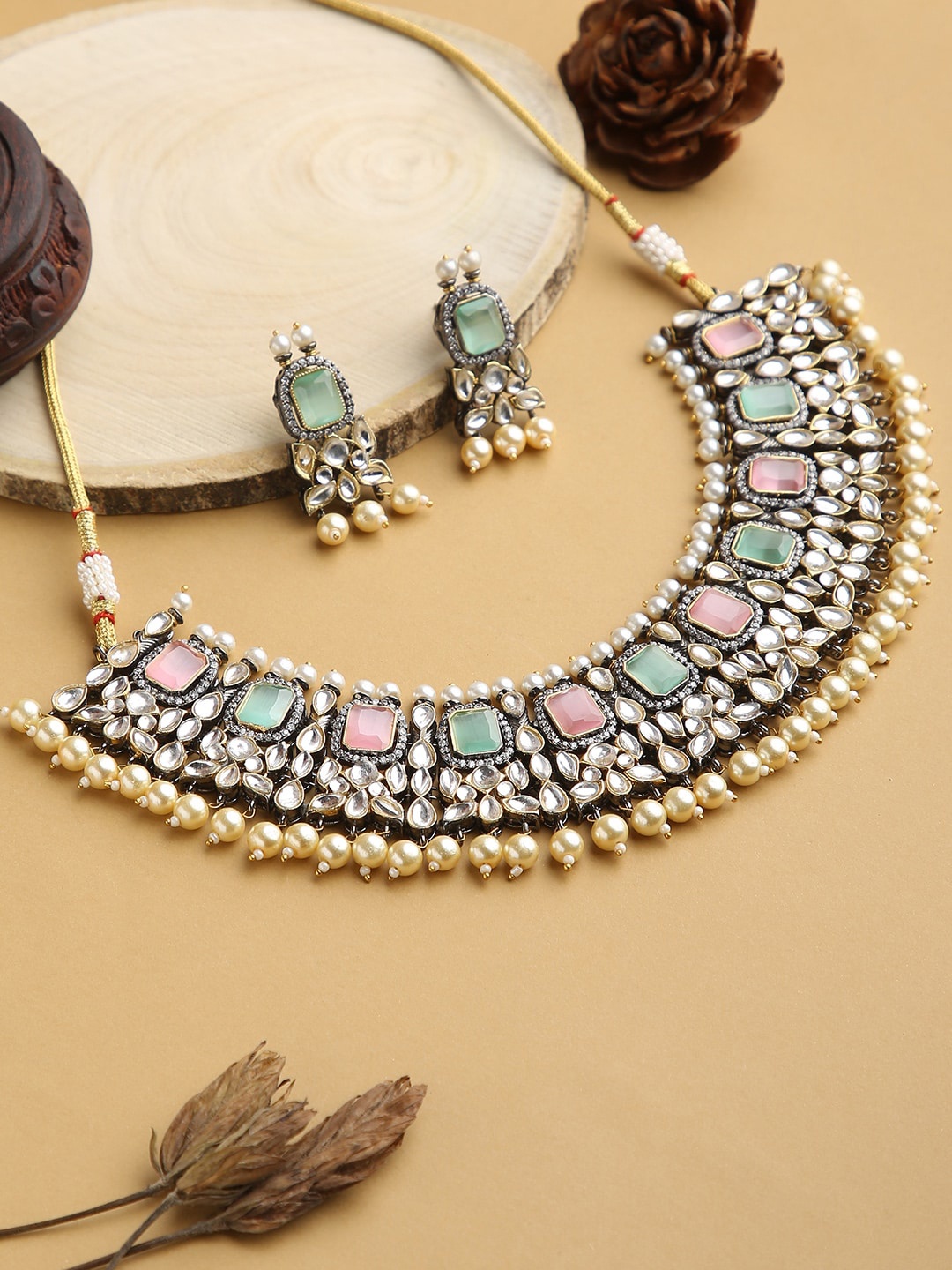 

justpeachy Oxidised Silver-Toned & Pink Stone-Studded & Beaded Jewellery Set