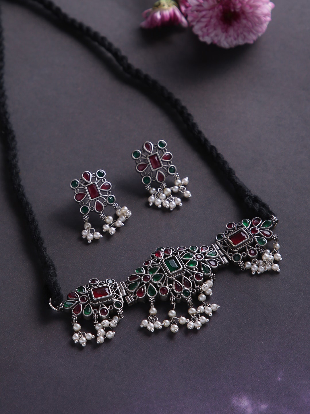

justpeachy Oxidised Silver-Plated & Red Stone-Studded Jewellery Set