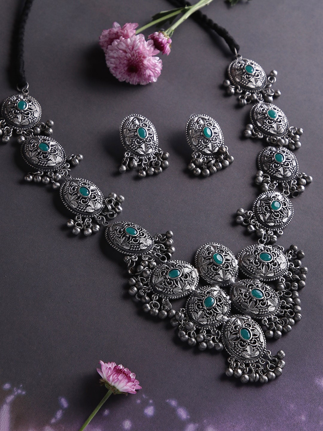 

justpeachy Oxidised Silver-Plated Green Stone-Studded & Beaded Jewellery Set