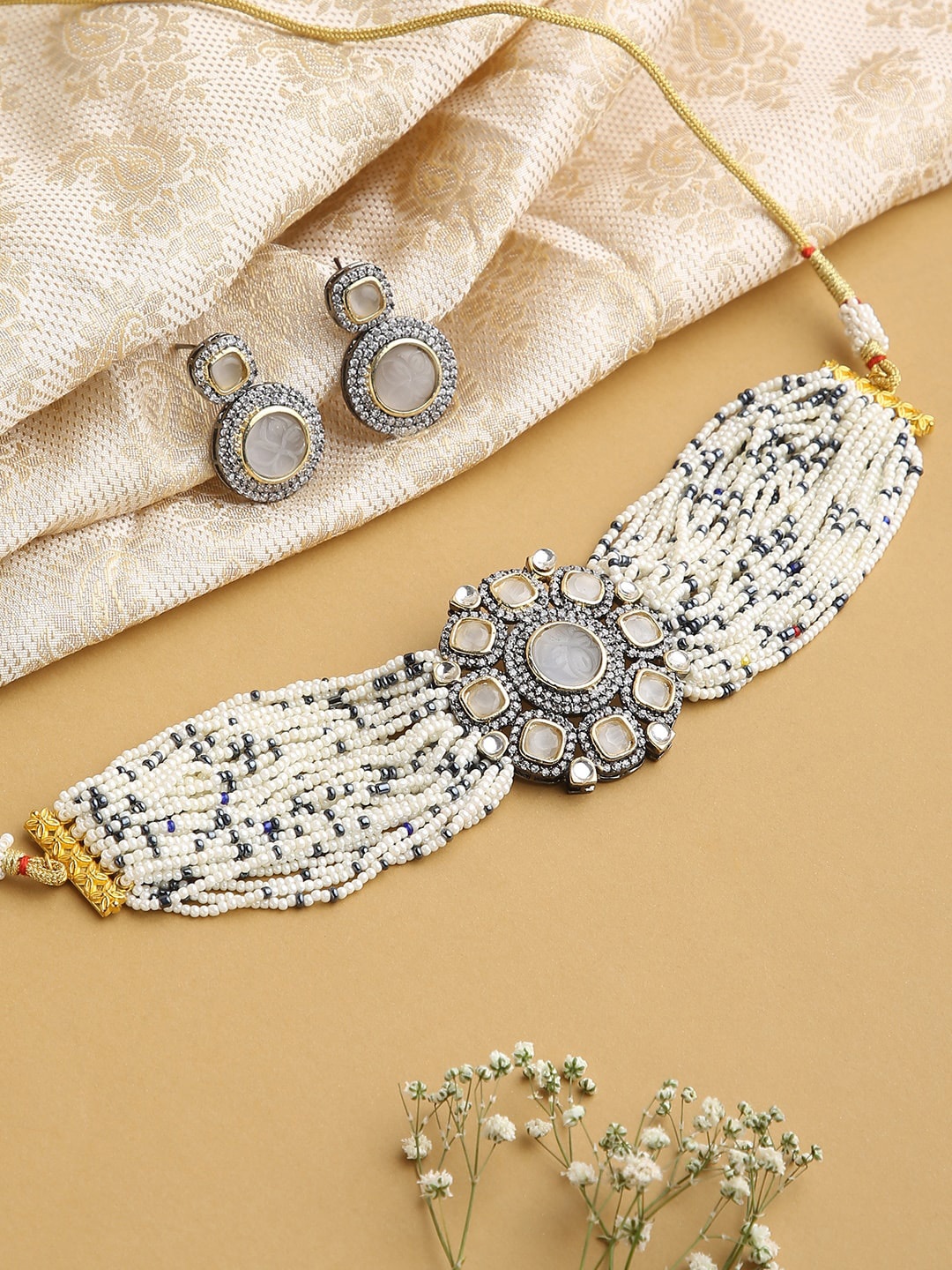 

justpeachy Grey White Stone Studded & Beaded Choker Set