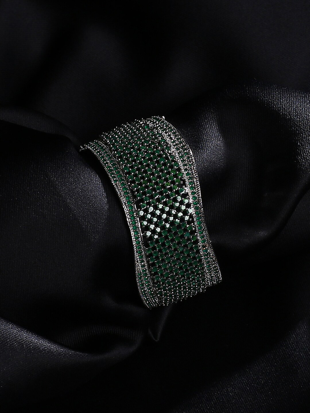 

justpeachy Women Silver-Toned & Green Brass American Diamond Silver-Plated Bangle-Style Bracelet