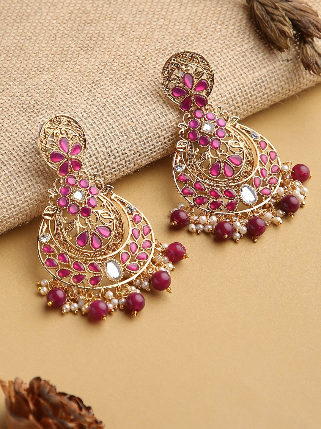 

justpeachy Gold-Toned & Red Contemporary Chandbalis Earrings