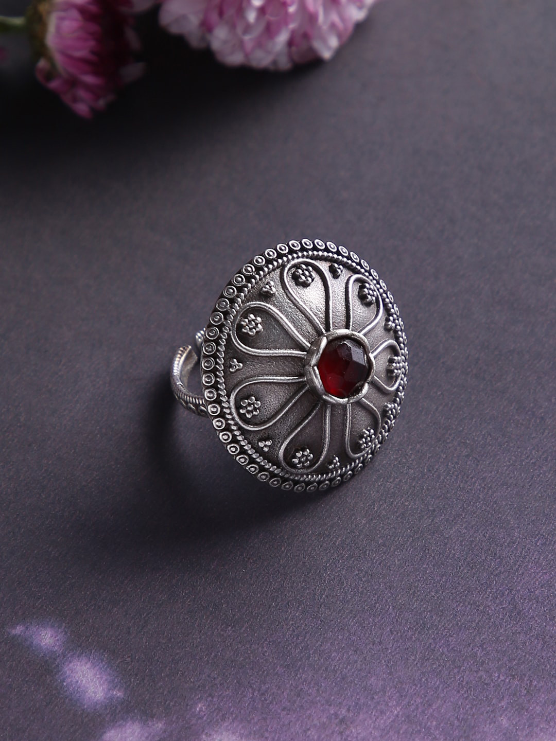 

justpeachy Oxidised Silver-Plated Maroon Stone-Studded Finger Ring
