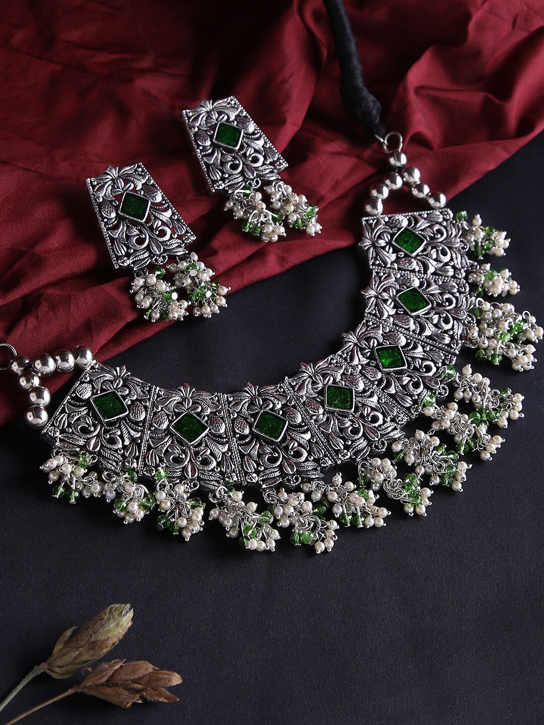

justpeachy Women Silver-Plated & Green Stones-Studded Beads Oxidized Jewellery Set