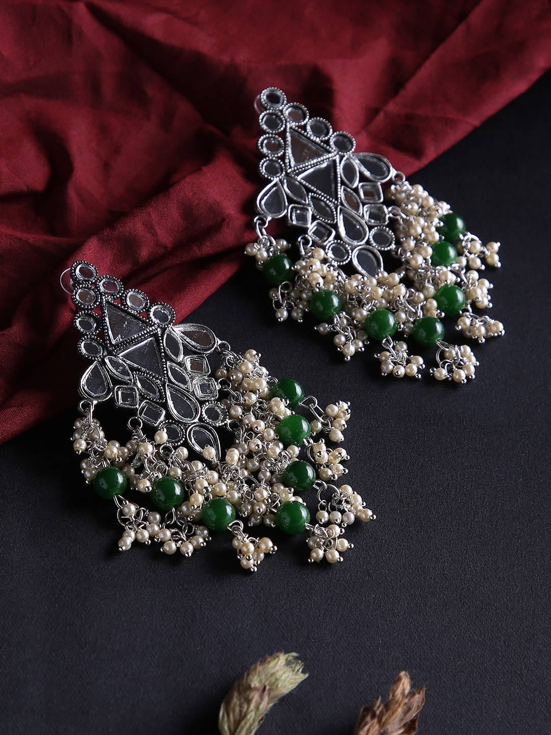 

justpeachy Silver-Plated Green & White Mirror Drop Earrings