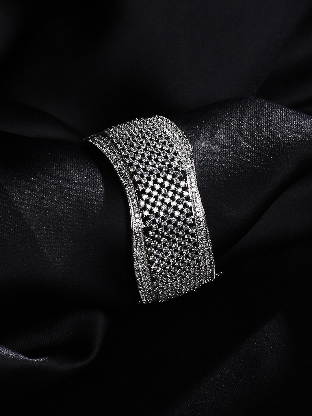 

justpeachy Women Silver-Toned & White Brass American Diamond Handcrafted Silver-Plated Bangle-Style Bracelet