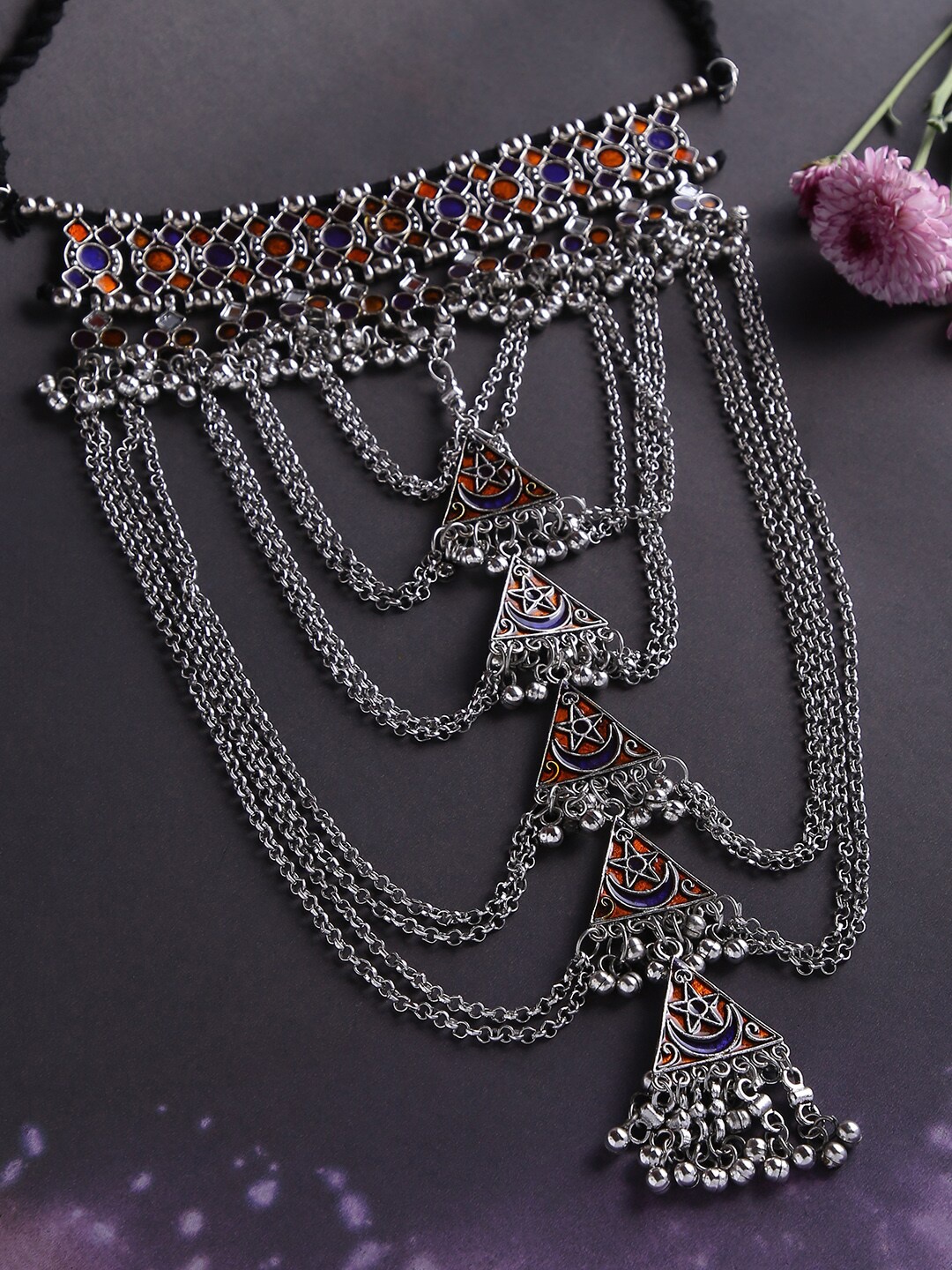 

justpeachy Silver & Purple-Toned & Plated Oxidised Stone-Studded Necklace