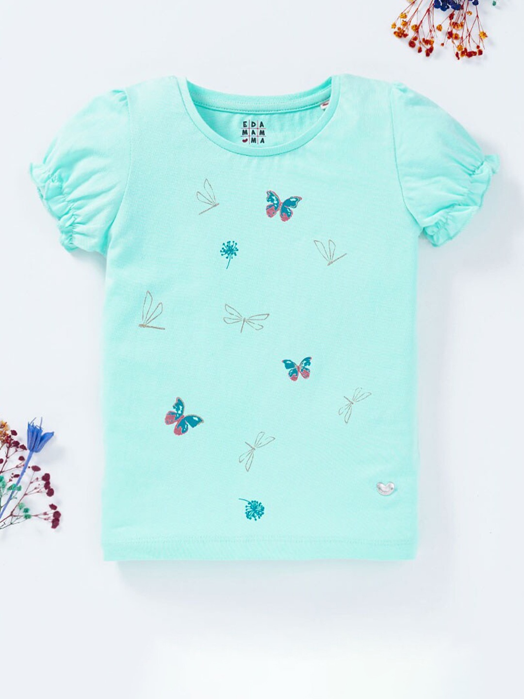 

Ed-a-Mamma Girls Blue Printed Cotton Applique T-shirt