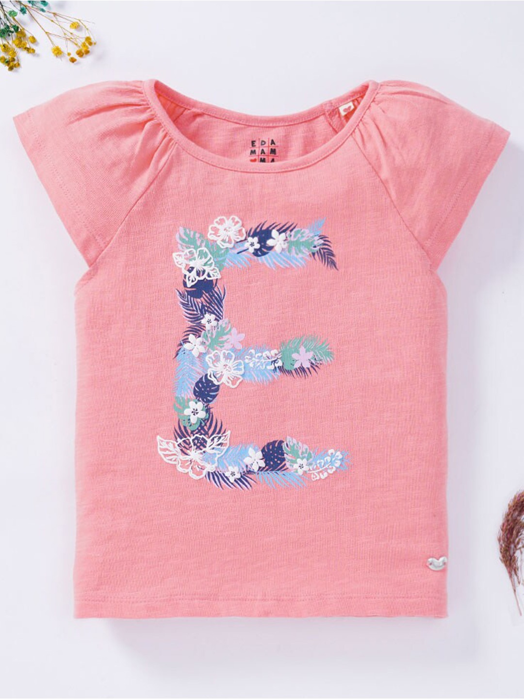 

Ed-a-Mamma Girls Pink & Blue Floral Printed Puff Sleeves T-shirt