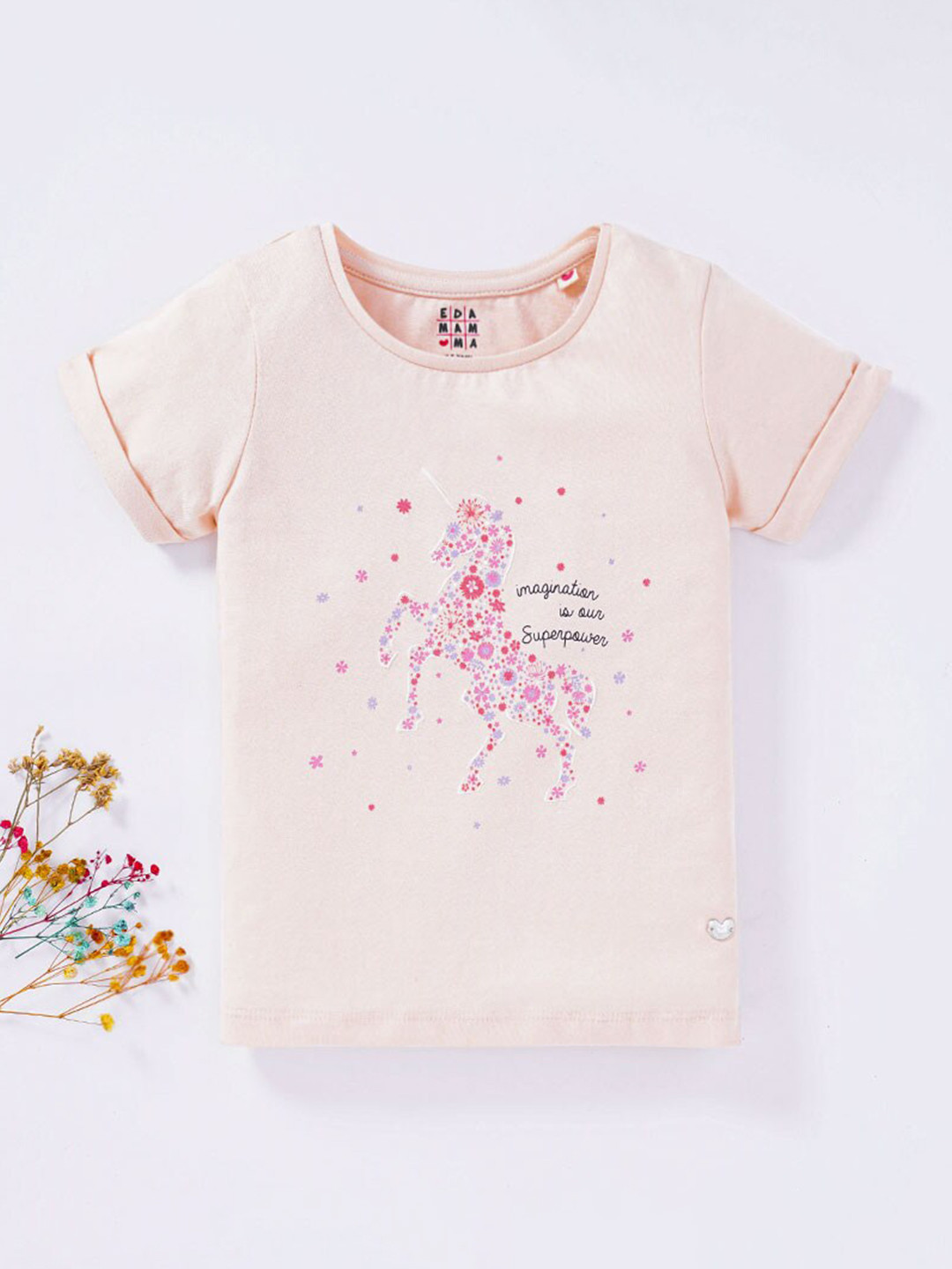 

Ed-a-Mamma Girls Beige Floral Printed Cotton T-shirt