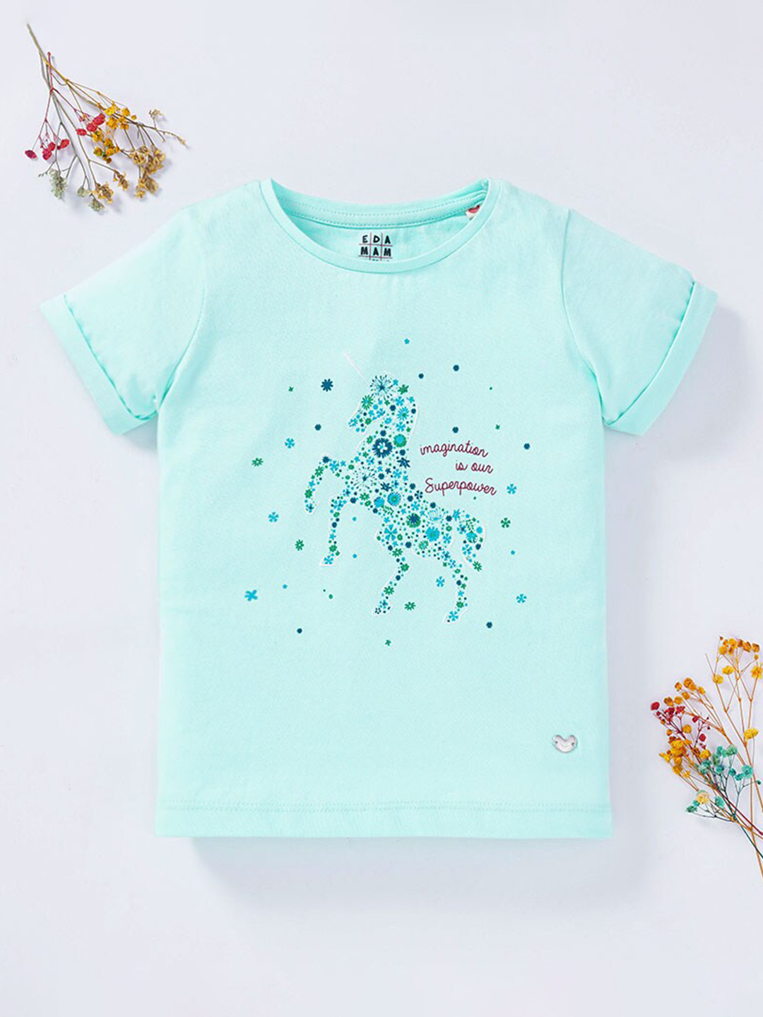 

Ed-a-Mamma Girls Turquoise Blue Printed Cotton T-shirt