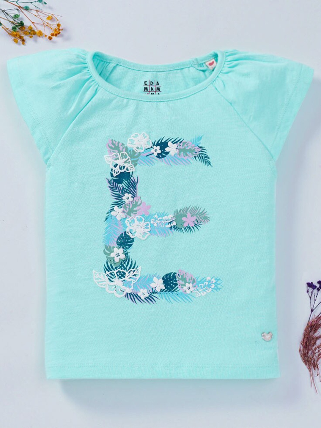 

Ed-a-Mamma Girls Blue Floral Printed Cotton T-shirt