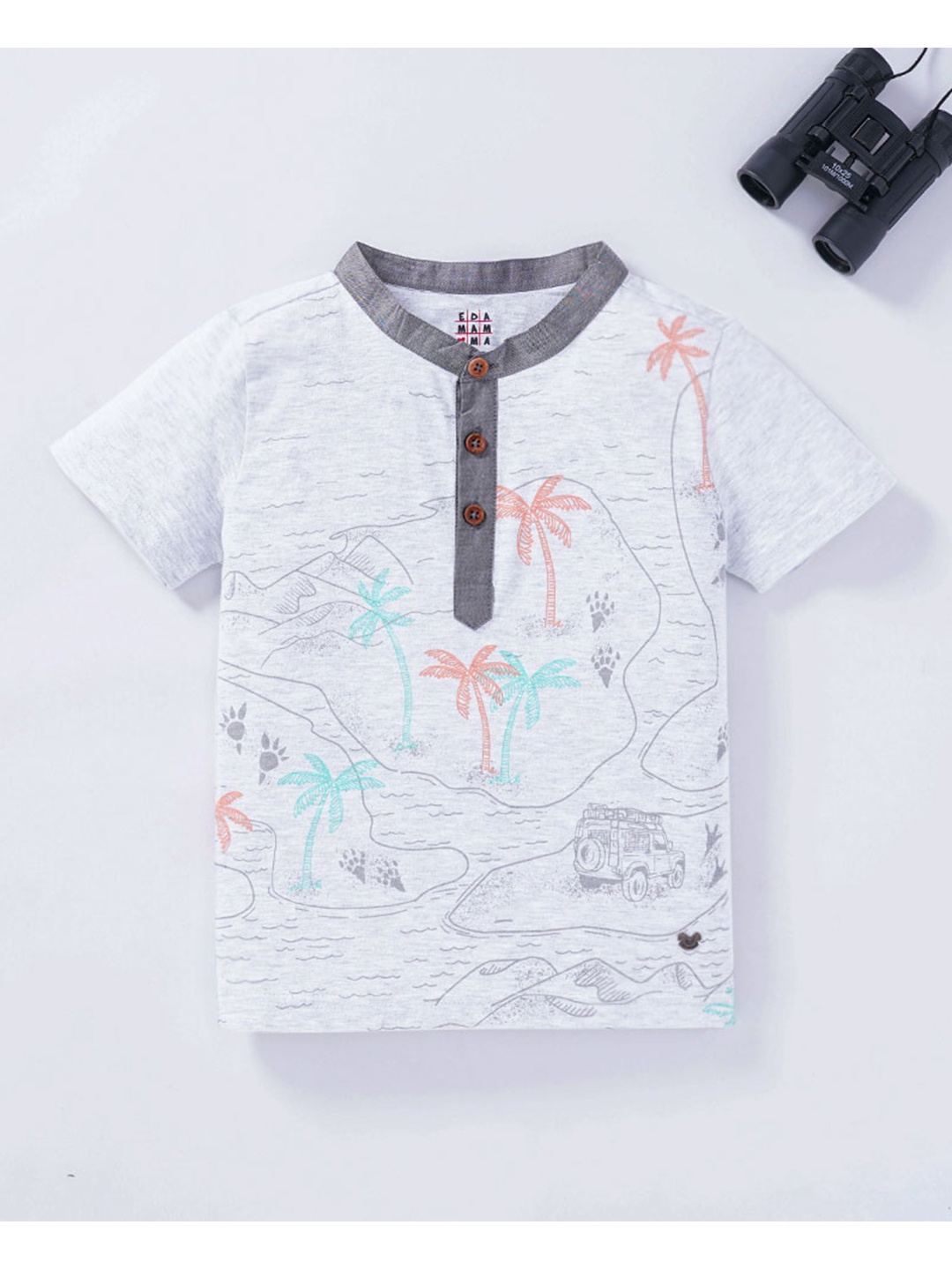 

Ed-a-Mamma Boys White Tropical Printed Cotton Henley Neck T-shirt