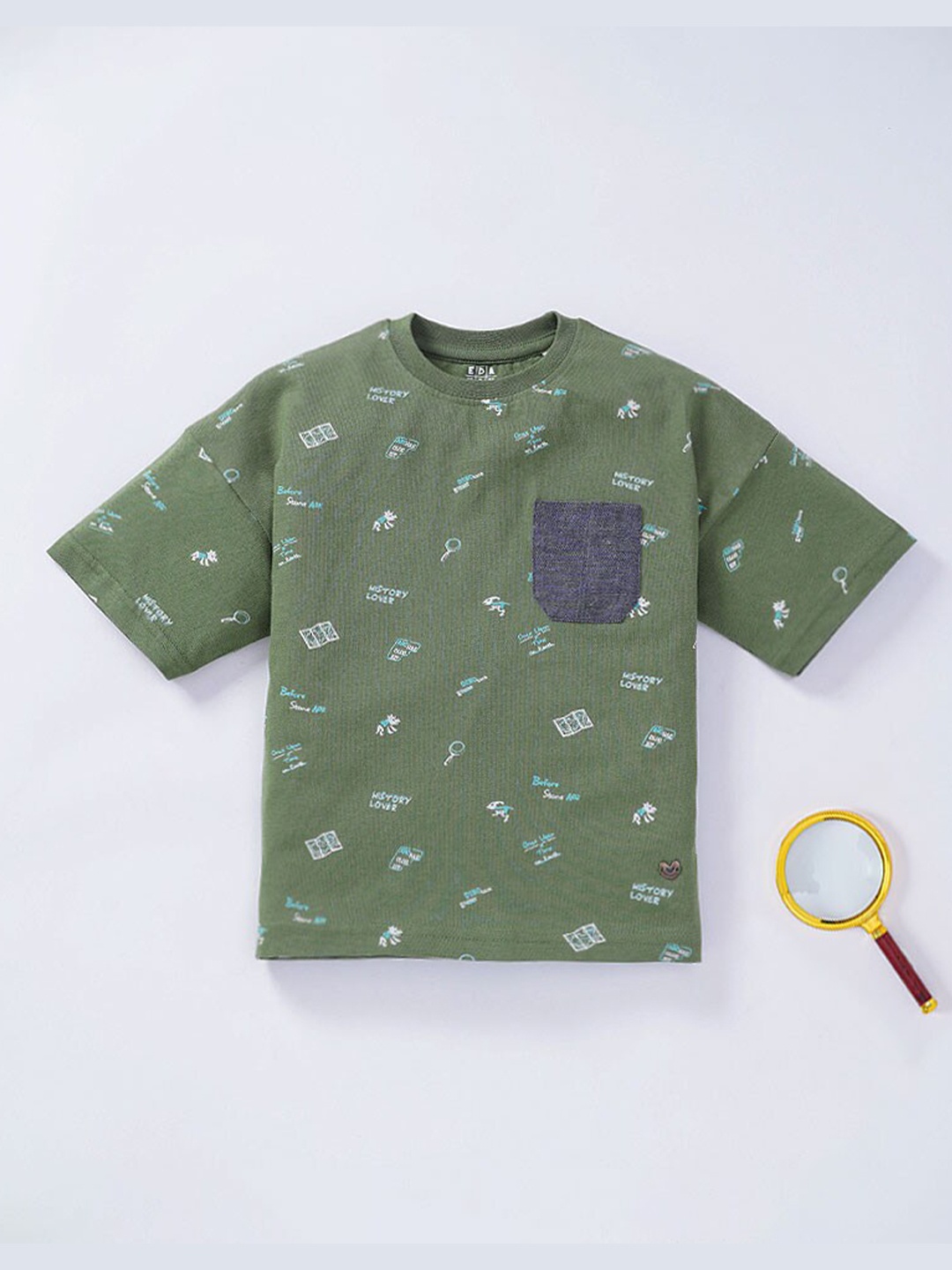 

Ed-a-Mamma Boys Olive Green Printed Cotton T-shirt