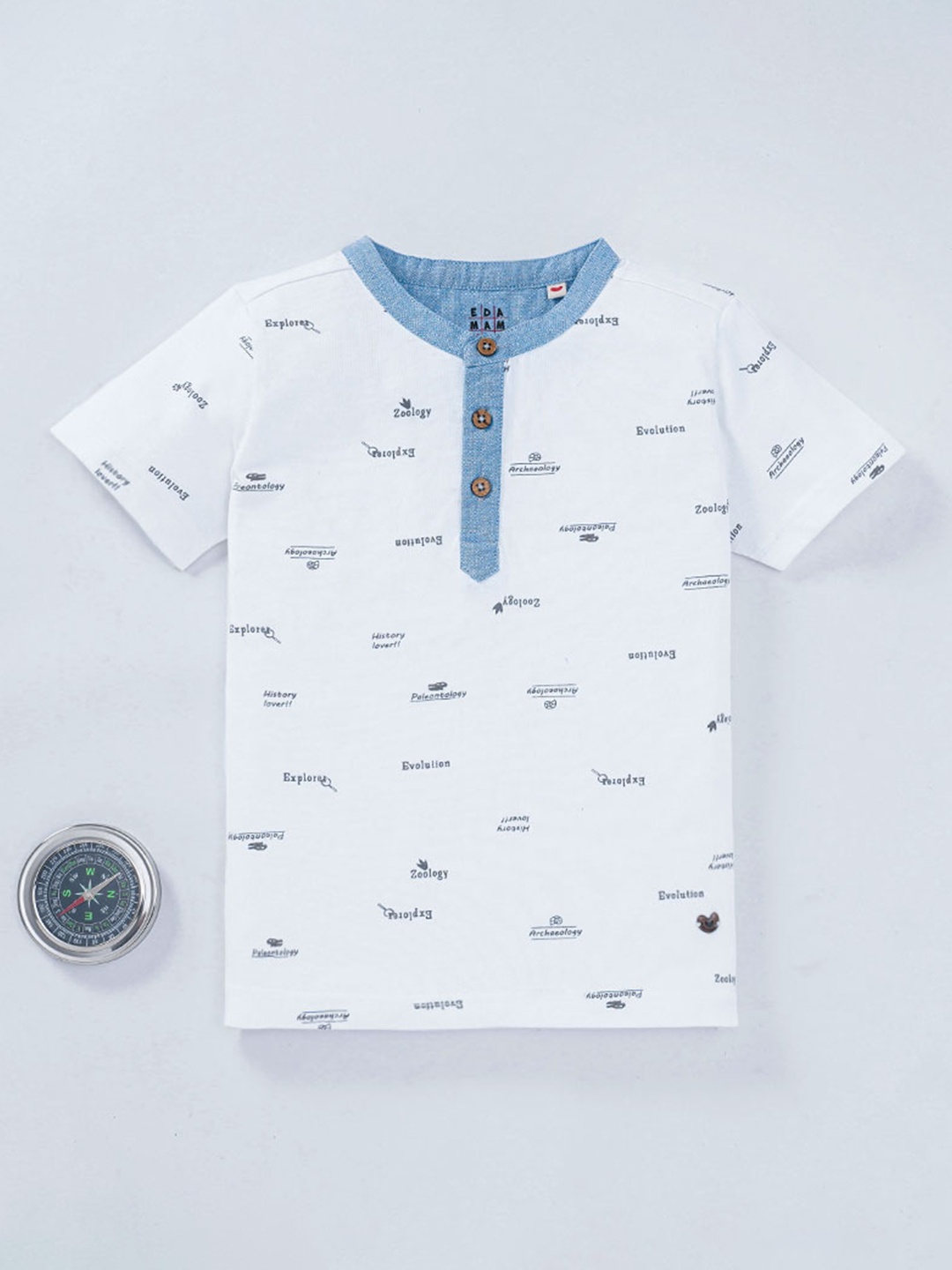 

Ed-a-Mamma Boys White Typography Printed Regular Fit Henley Neck Pure Cotton T-shirt
