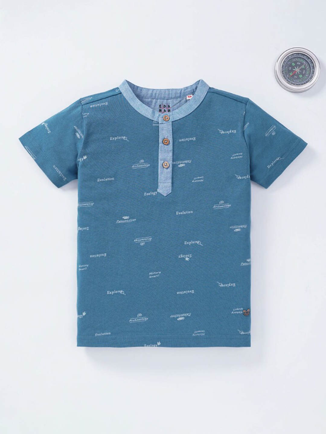 

Ed-a-Mamma Boys Blue Printed Henley Neck Cotton T-shirt
