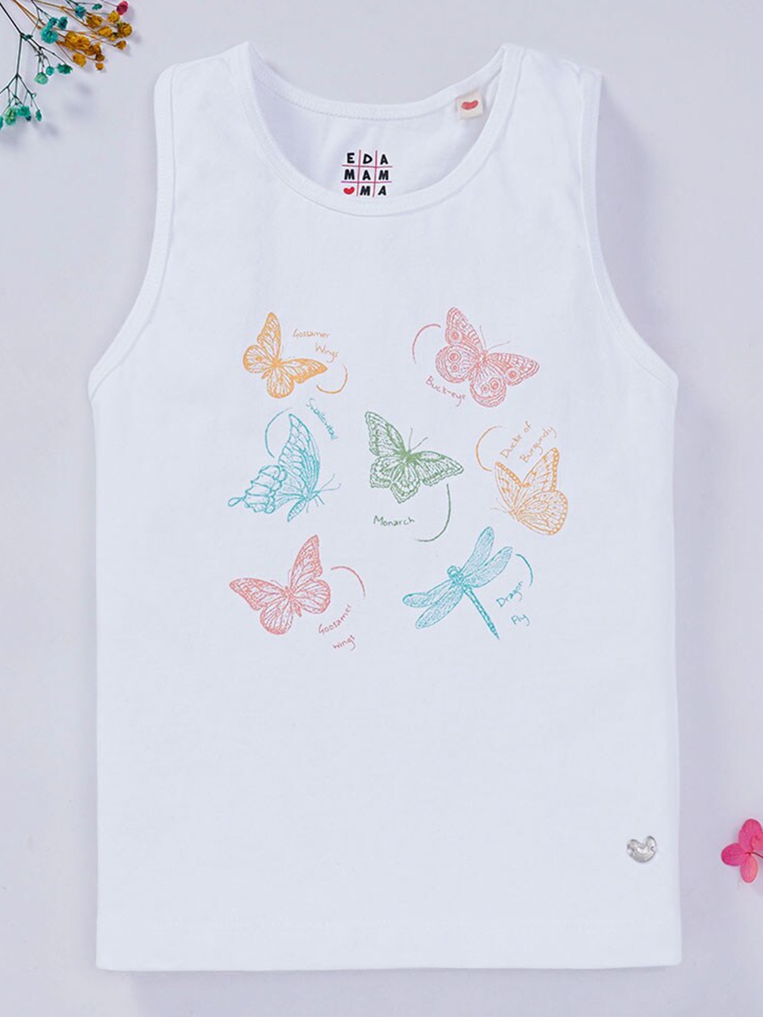 

Ed-a-Mamma Girls White Printed Regular Fit Pure Cotton Sleeveless T-shirt