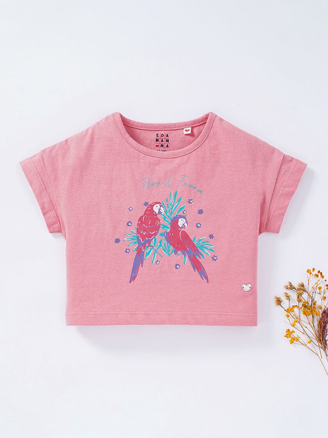 

Ed-a-Mamma Girls Pink Printed Cap Sleeves Regular Fit Cotton Crop T-shirt
