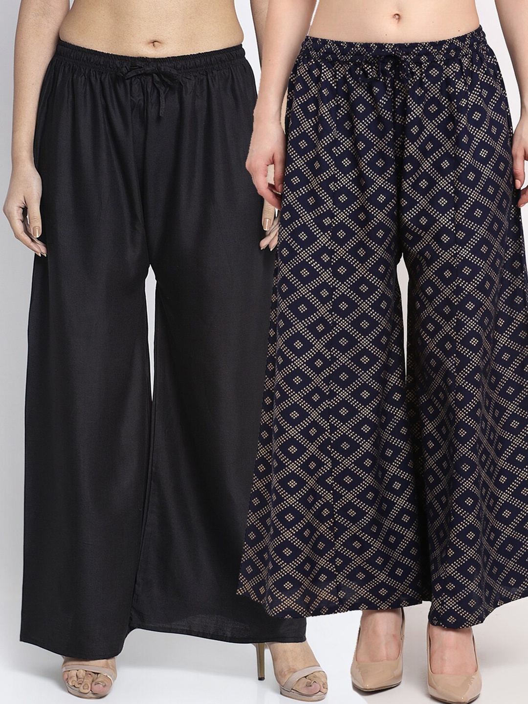 

Jinfo Women Pack Of 2 Black & Navy Blue Printed Flared Knitted Ethnic Palazzos