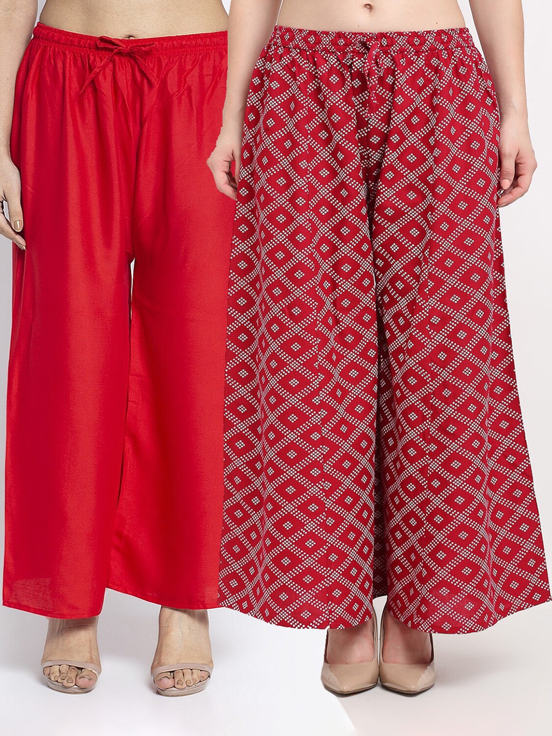 

Jinfo Women Pack Of 2 Red & Maroon Printed Flared Knitted Ethnic Palazzos