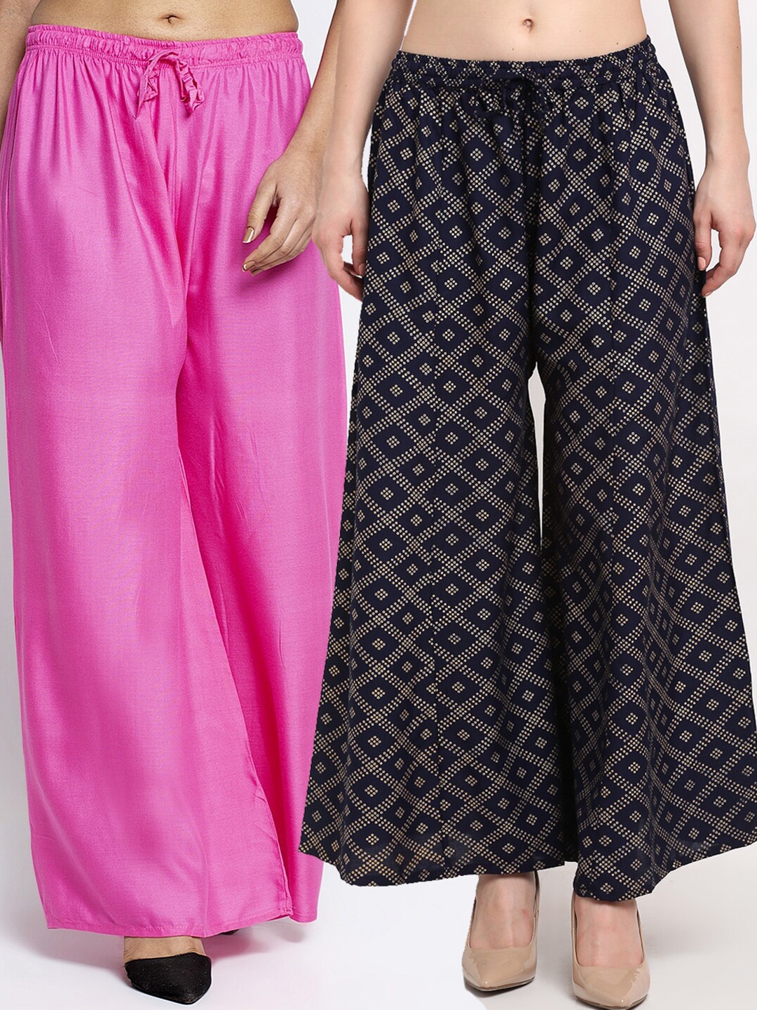 

Jinfo Women Pink & Navy Blue Set of 2 Printed Flared Knitted Ethnic Palazzos