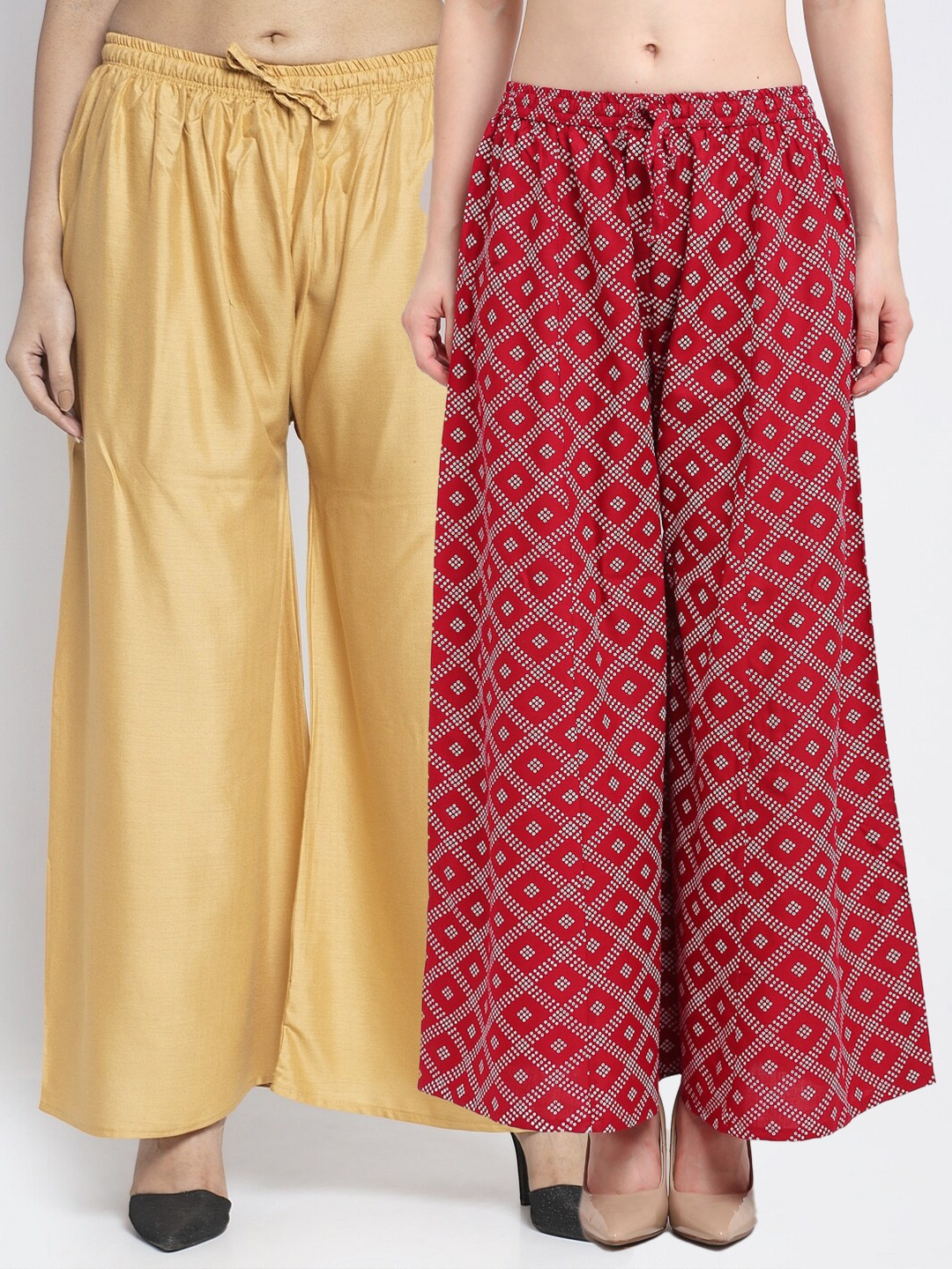 

Jinfo Women Pack of 2 Beige & Maroon Printed Flared Knitted Ethnic Palazzos