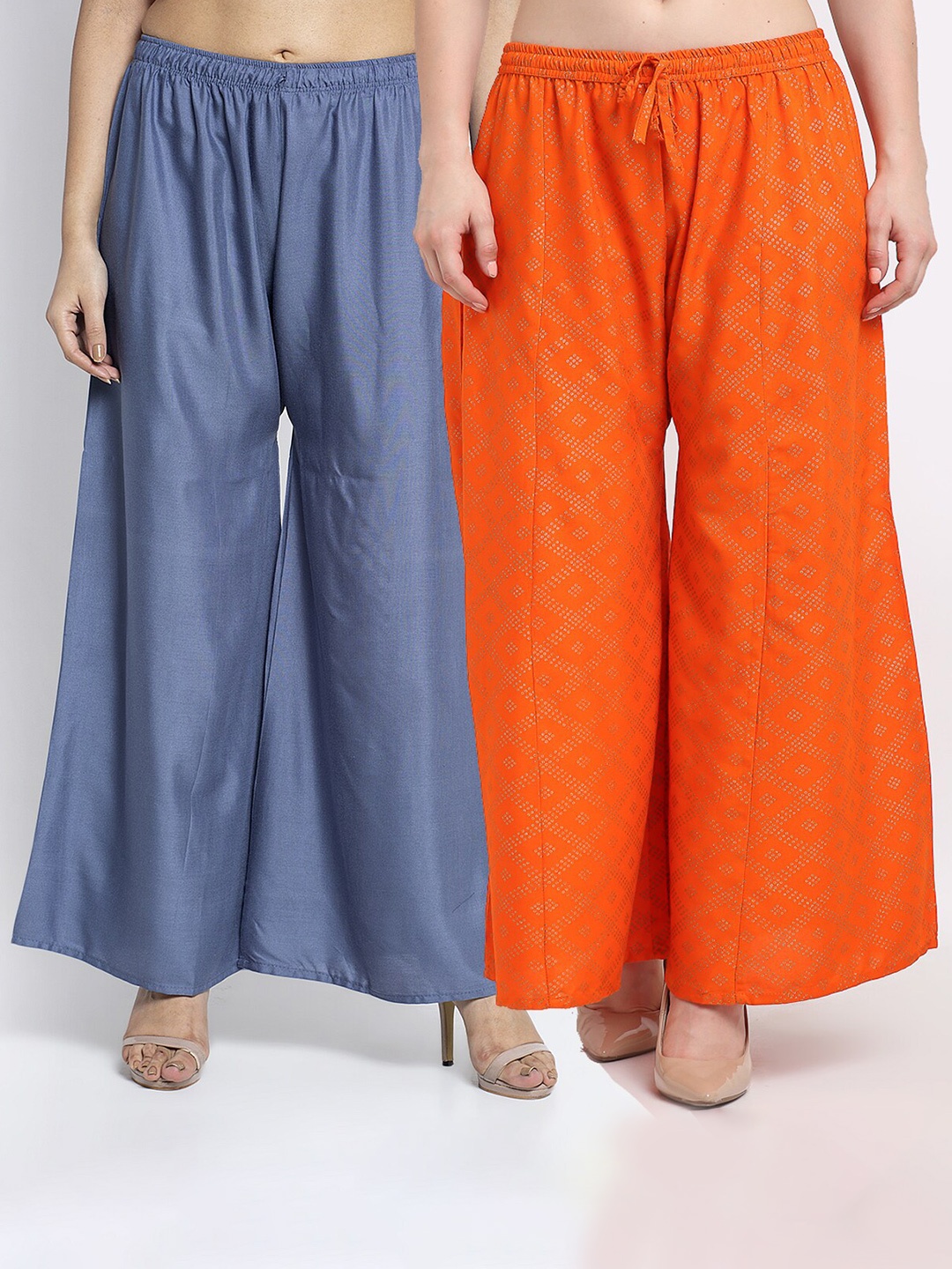 

Jinfo Women Set Of 2 Grey & Orange Flared Ethnic Palazzos