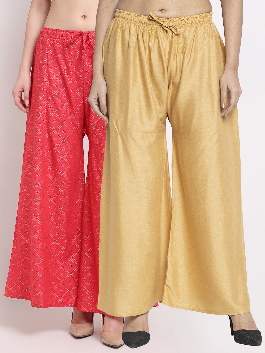 

Jinfo Women Pack of 2 Beige & Pink Printed Flared Knitted Ethnic Palazzos
