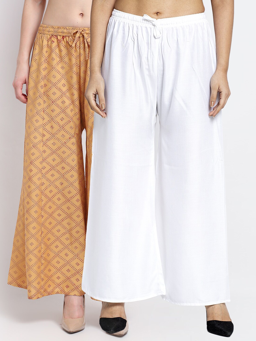 

Jinfo Women Pack Of 2 White & Beige Block Printed & Plain Palazzo