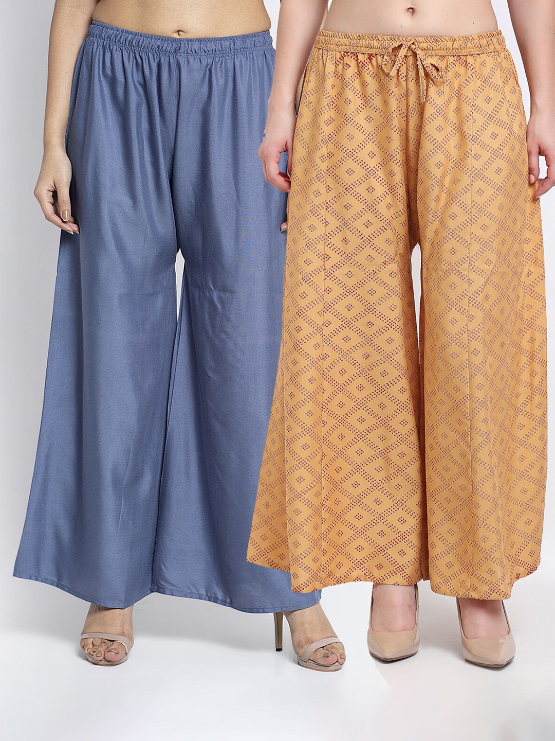 

Jinfo Women Set Of 2 Grey & Beige Printed Flared Fit Palazzos
