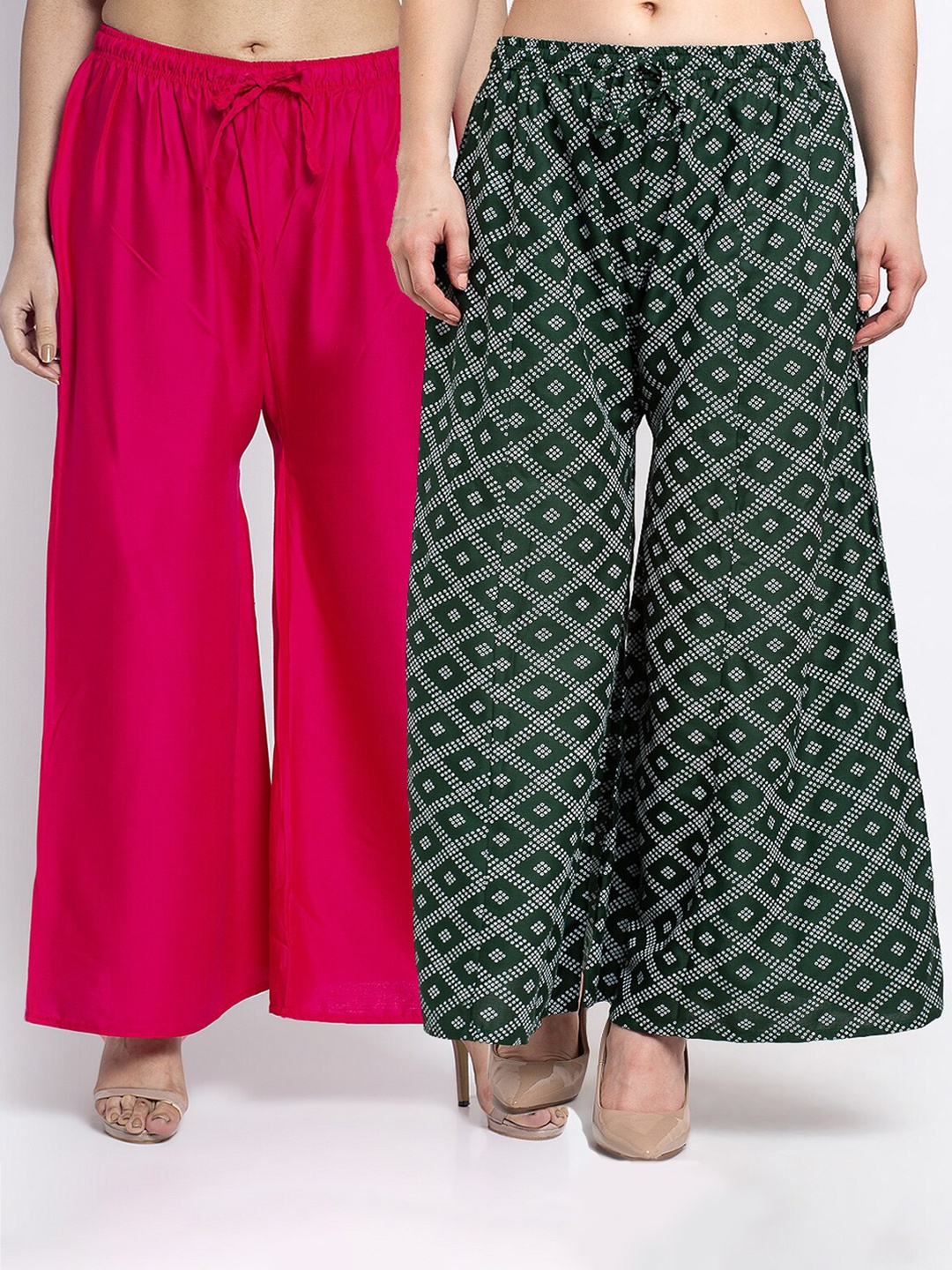 

Jinfo Women Pink & Green Set Of 2 Printed Flared Knitted Ethnic Palazzos