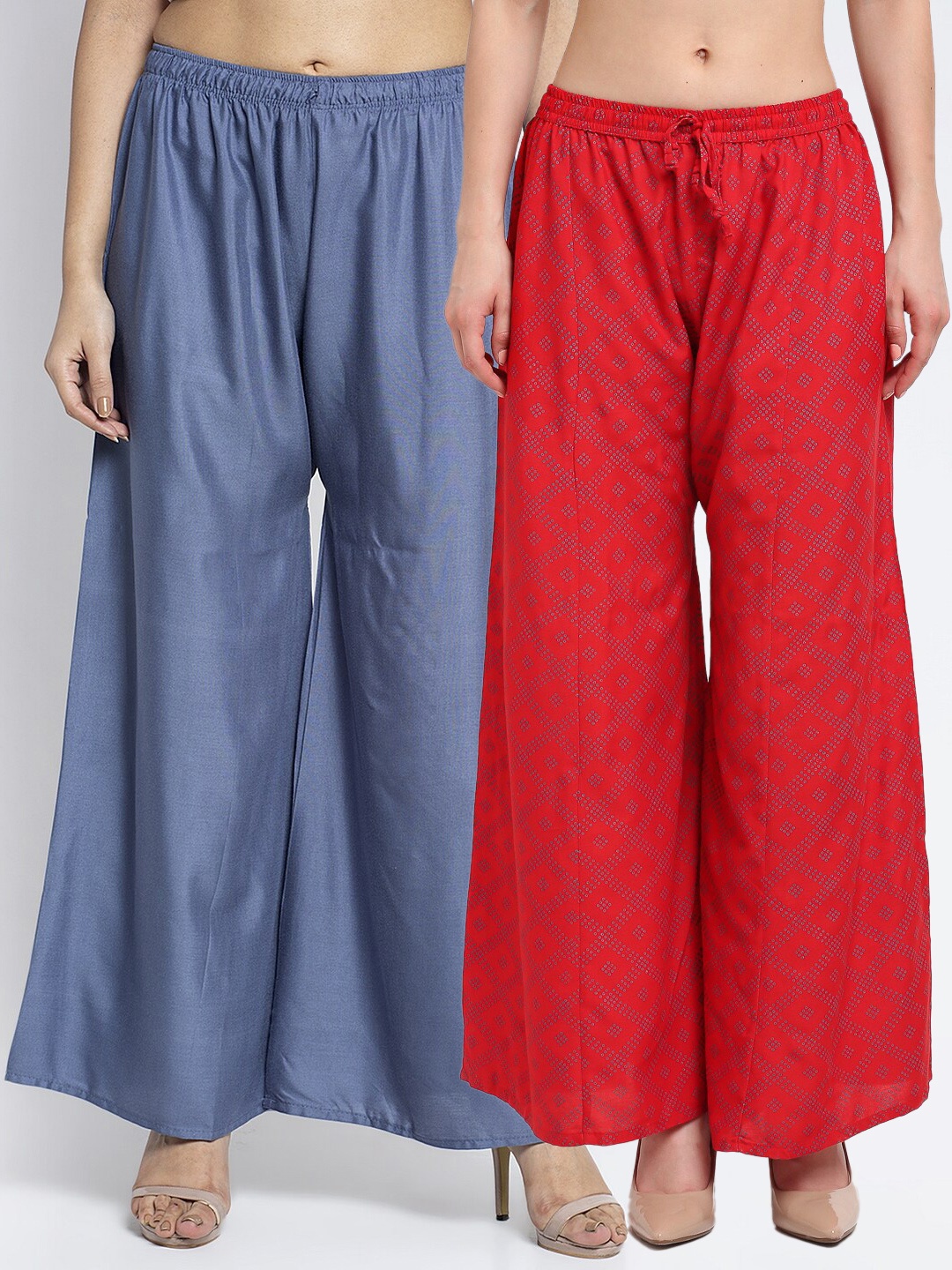 

Jinfo Women Grey & Red Set Of 2 Printed Flared Knitted Ethnic Palazzos