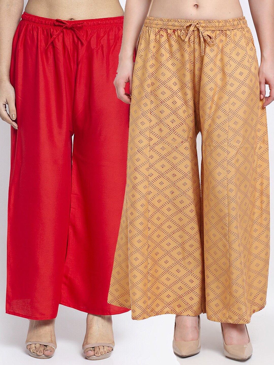 

Jinfo Women Red & Beige Set Of 2 Printed Flared Knitted Ethnic Palazzos