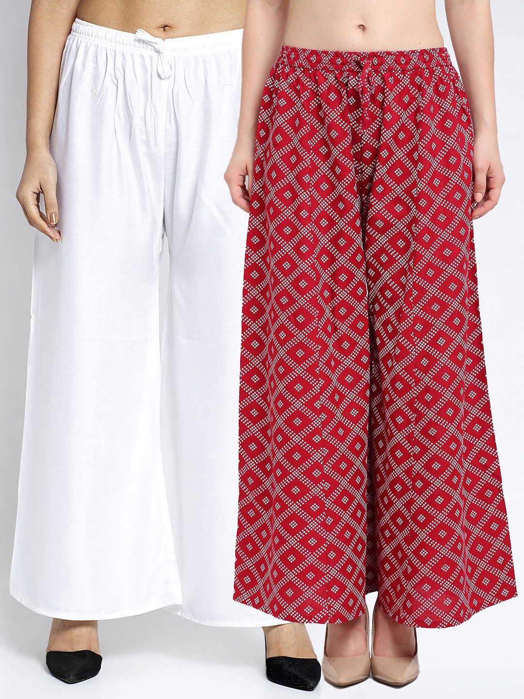 

Jinfo Women Pack of 2 White & Maroon Printed Flared Knitted Ethnic Palazzos