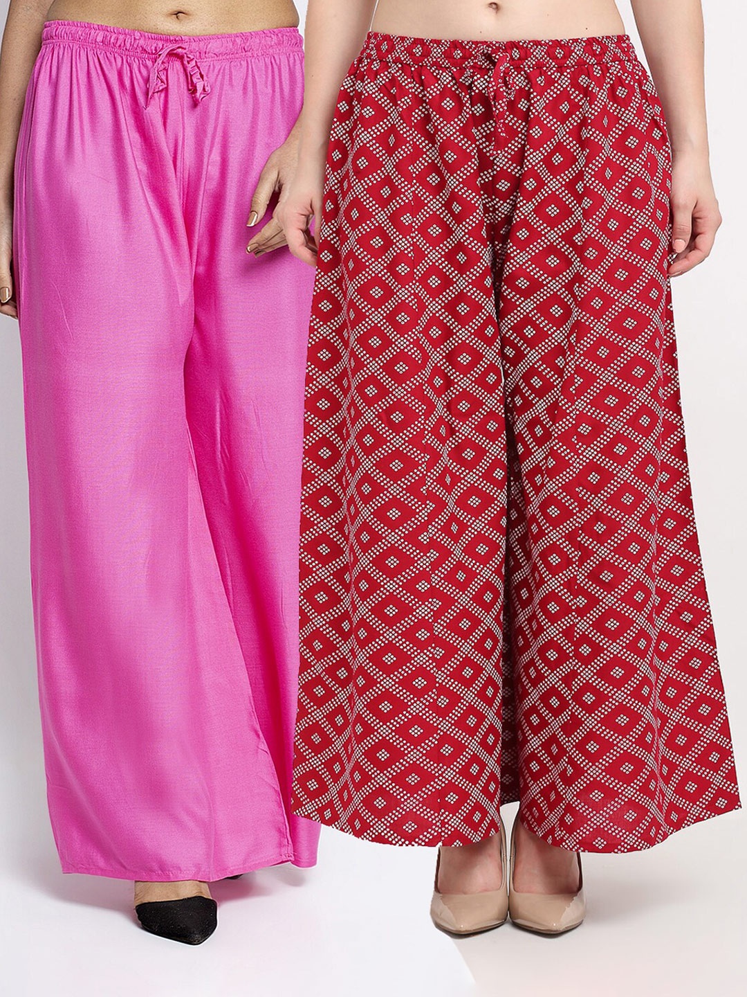 

Jinfo Women Pink & Maroon Set of 2 Printed Flared Knitted Ethnic Palazzos