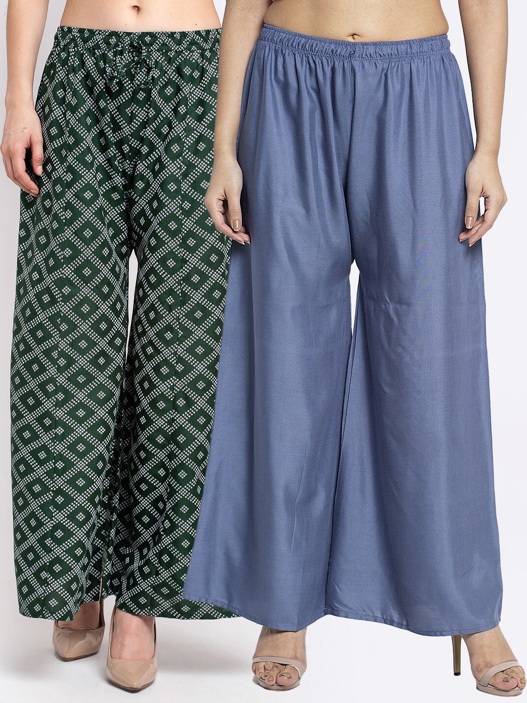 

Jinfo Women Pack Of 2 Grey & Green Printed Flared Knitted Ethnic Palazzos